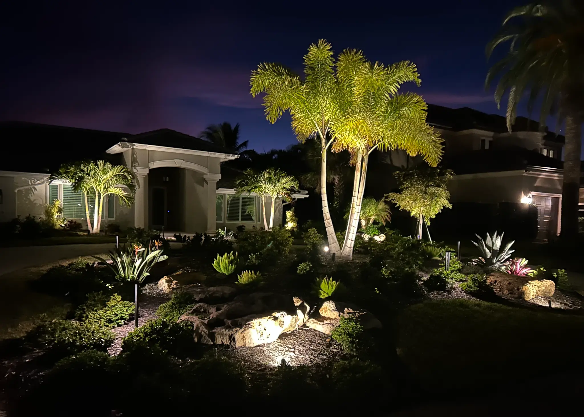 Landscape lighting project showcasing warm amber uplighting on trees