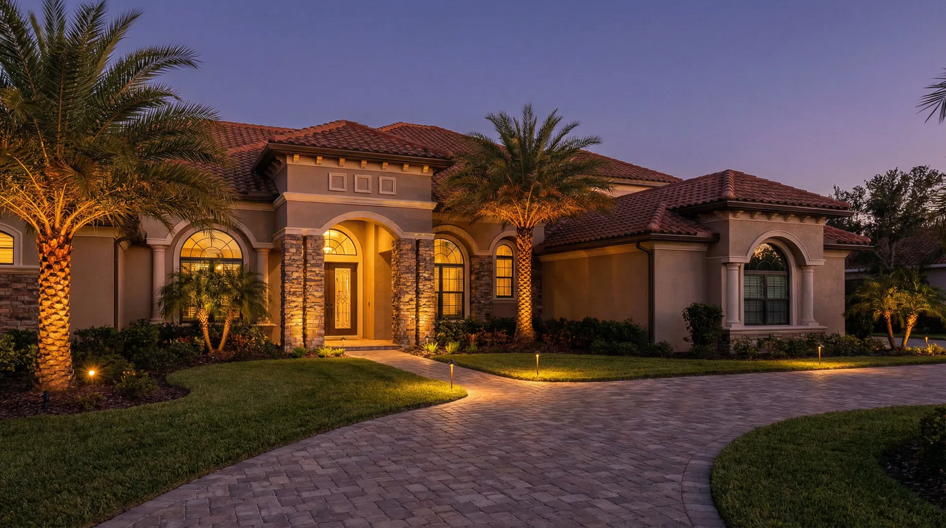 Beautifully lit Florida luxury home at dusk with landscape lighting illuminating the entrance, palm trees, and walkway