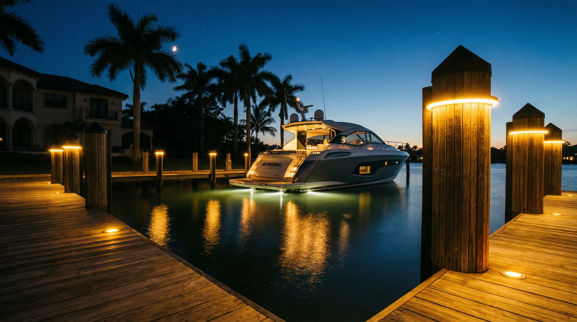 Luxury private dock on the Florida Gulf Coast at night with premium LED dock lighting