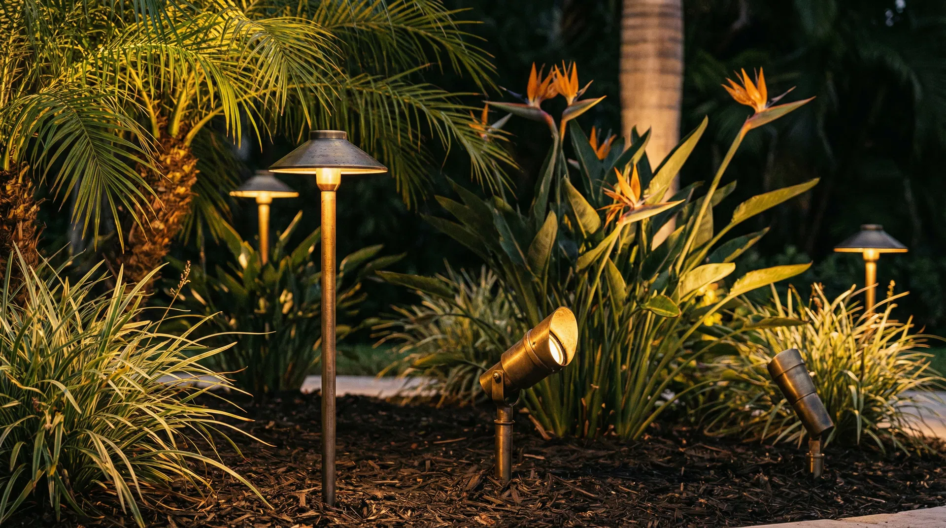 Premium brass landscape lighting fixtures installed among lush tropical Florida landscaping at night